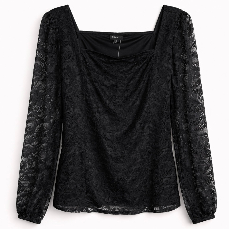 Torrid New Lace Sweetheart Black Long Sleeve Top Plus 2x 18-20 Square Neckline